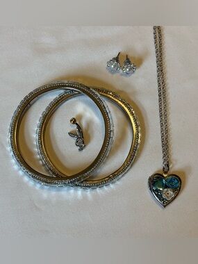 Silver Tone Heart Pendant Necklace with Blue Accents & Silver Bangles Set
